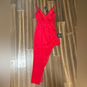 NWT Sz XS Lulu's Let’s Celebrate Tonight Red Satin Asymmetrical Dress Mini Midi